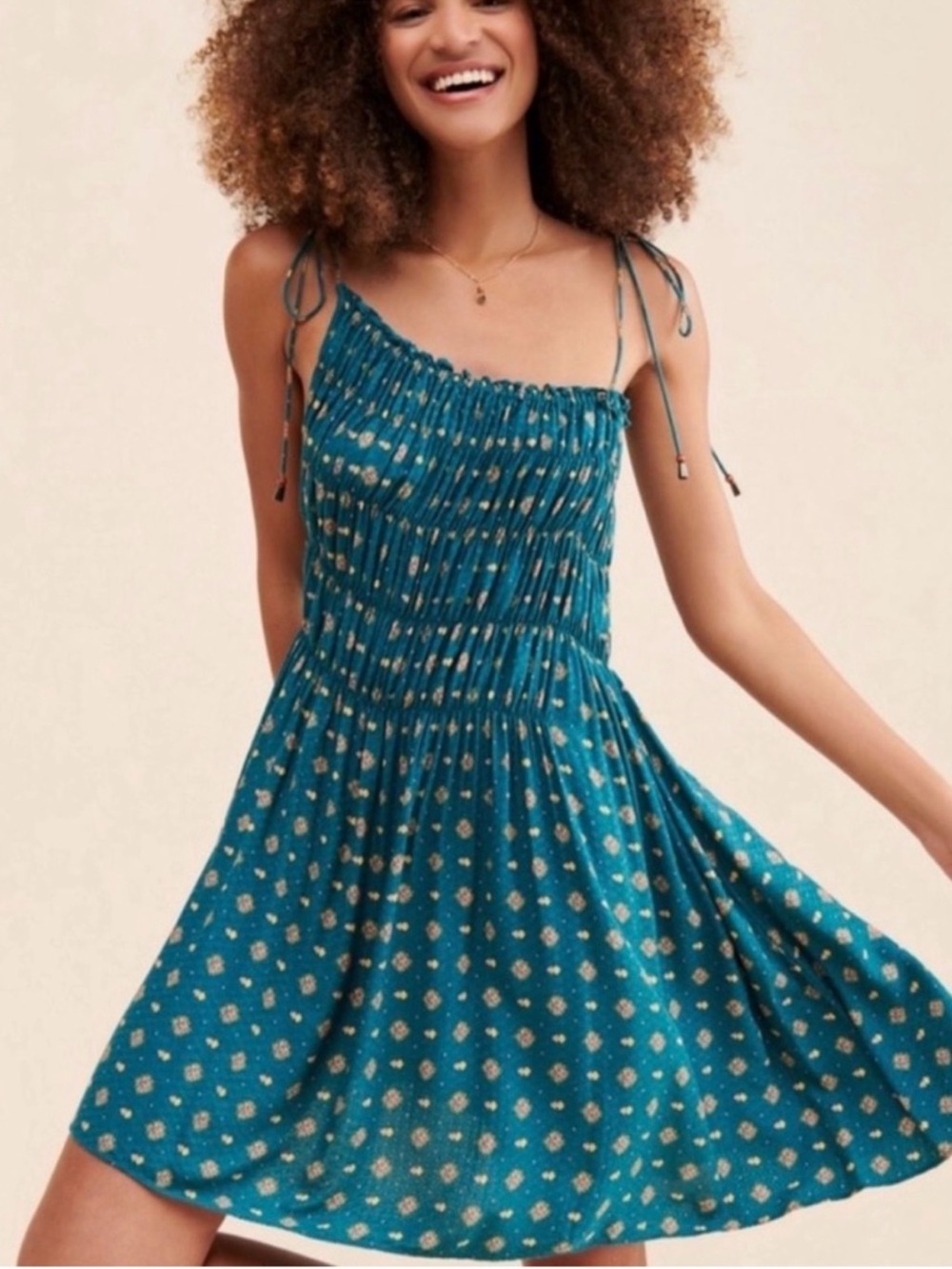 NWT Free People Clementina Teal Pine Smocked Tie-Strap Mini Dress size Small